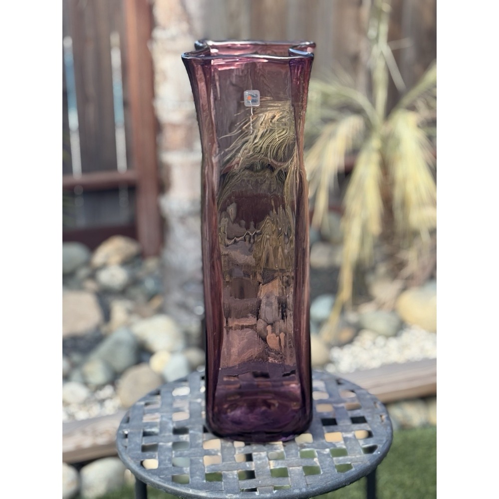 Blenko Amethyst Purple Paper Bag Vase 21" Hand Blown Art Glass 1970s Sticker
